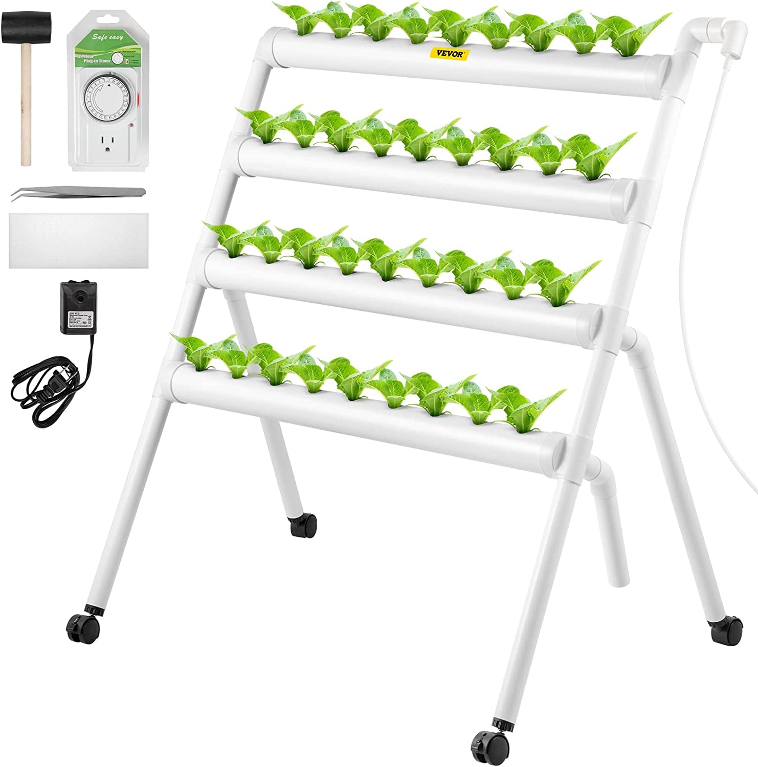 Hydroponics Growing System, 36 Sites 4 Food-Grade PVC-U Pipes, 4 Layers Indoor Planting Kit with Water Pump, Timer, Nest Basket, Sponge for Fruits, Vegetables, Herb, White