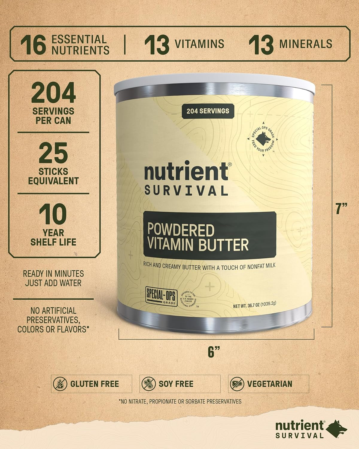 Vitamin Butter Powder, Freeze Dried Prepper Supplies & Emergency Food Supply, 16 Essential Nutrients, Soy & Gluten Free, Shelf Stable up to 10 Years, One Can, 204 Servings