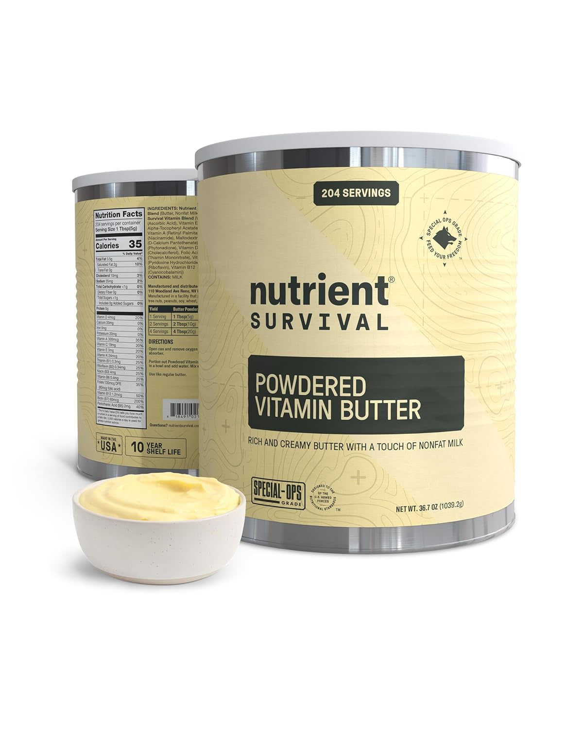 Vitamin Butter Powder, Freeze Dried Prepper Supplies & Emergency Food Supply, 16 Essential Nutrients, Soy & Gluten Free, Shelf Stable up to 10 Years, One Can, 204 Servings