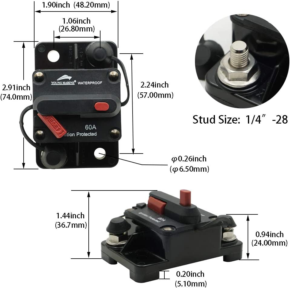 Circuit Breaker for Boat Trolling with Manual Reset,Water Proof,12V- 48V DC