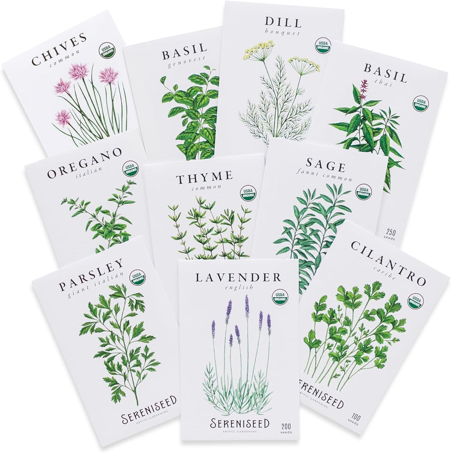 Certified Organic Herb Seeds (10-Pack) – Non GMO, Heirloom – Seed Starting Video - Basil, Cilantro, Oregano, Thyme, Parsley, Lavender, Chives, Sage, Dill Seeds for Indoor & Outdoor Planting