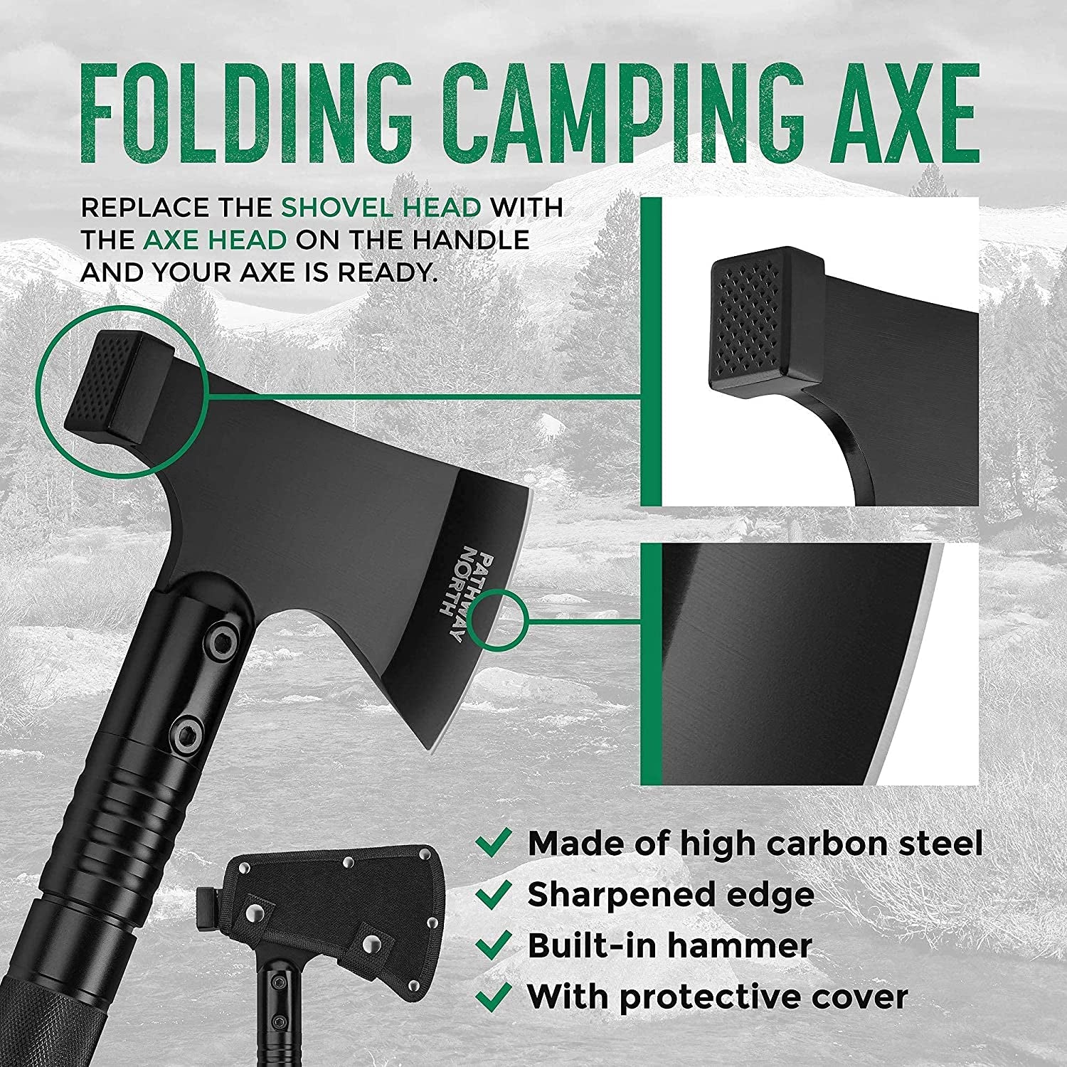 Survival Shovel and Camping Axe – Stainless Steel Tactical, Survival Multi-Tool and Survival Hatchet Equipment for Outdoor Hiking Camping Gear, Hunting, Backpacking Emergency Kit(Black)