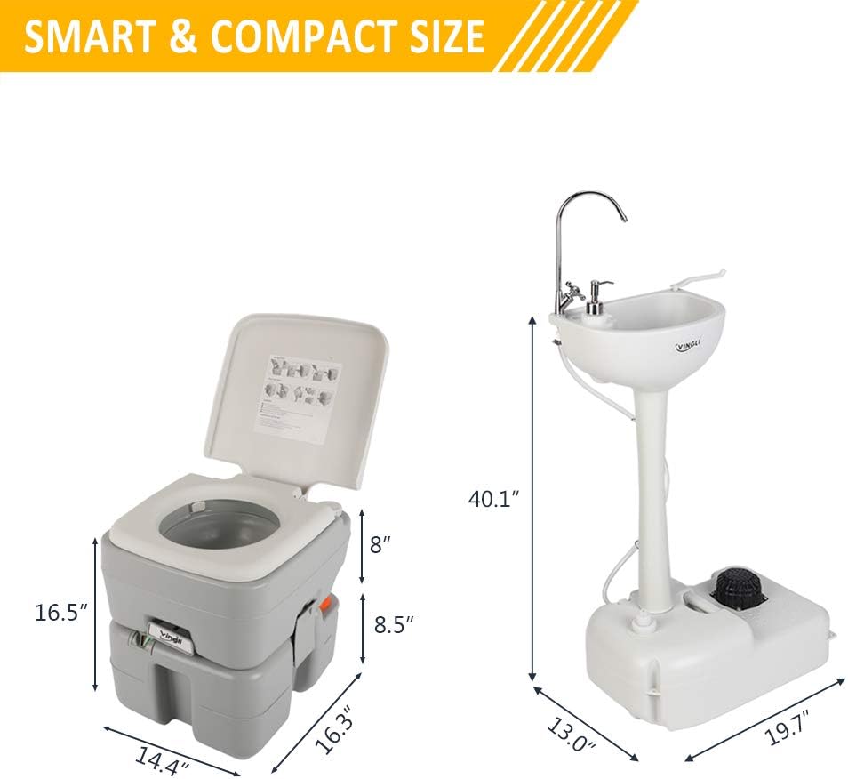 Upgraded Portable Sink and Toilet Combo| Self-Contained 5 Gal Hand Washing Station & 5.3 Gal Flushing Toilet, Perfect for Camping/Rv/Boat/Road Tripper/Camper, Detachable & Lightweight