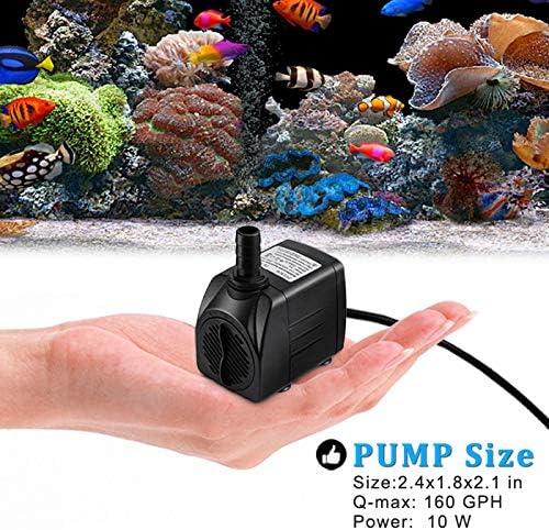 10W 160GPH Submersible Pump with 3.3 Ft Tubing for Aquariums, Fish Tank, Pond Fountain, Statuary, Hydroponics, Water Feature, Indoor Fountains