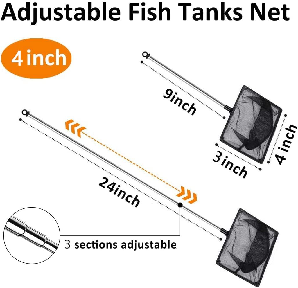 Fish Net for Fish Tank, Fine Mesh Aqurium Net with 9-24 Inch Stainless Steel Long Handle, Extendable Fishing Tank Net for Fish Shrimp Tank, Pond, Creek (4 Inch)