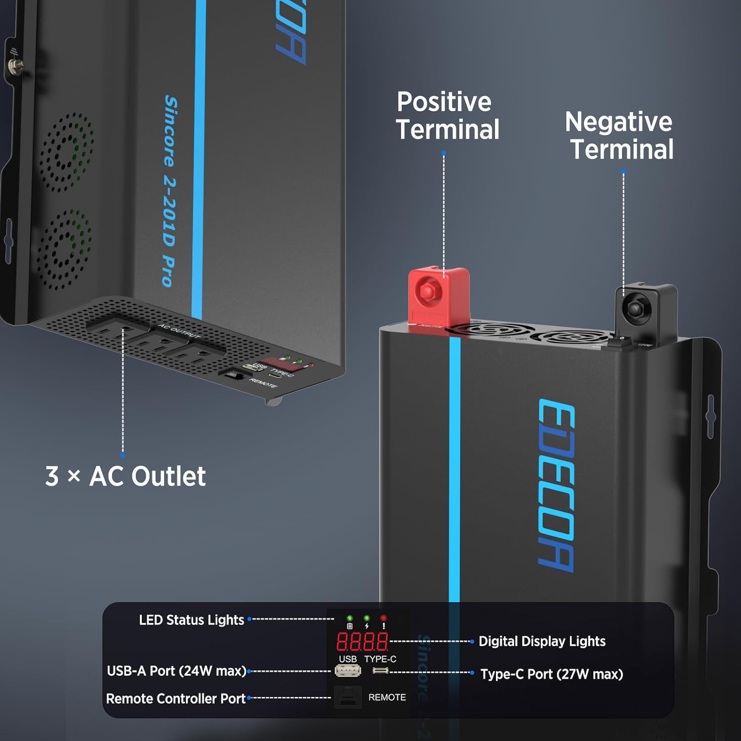 Professional Title: "2000W Pure Sine Wave Power Inverter - DC 12V to AC 110V with USB Port, Type-C Port, 2 AC Outlets, Remote Controller, LED Display - Ideal for RV, Car, Boat, and Household Use"