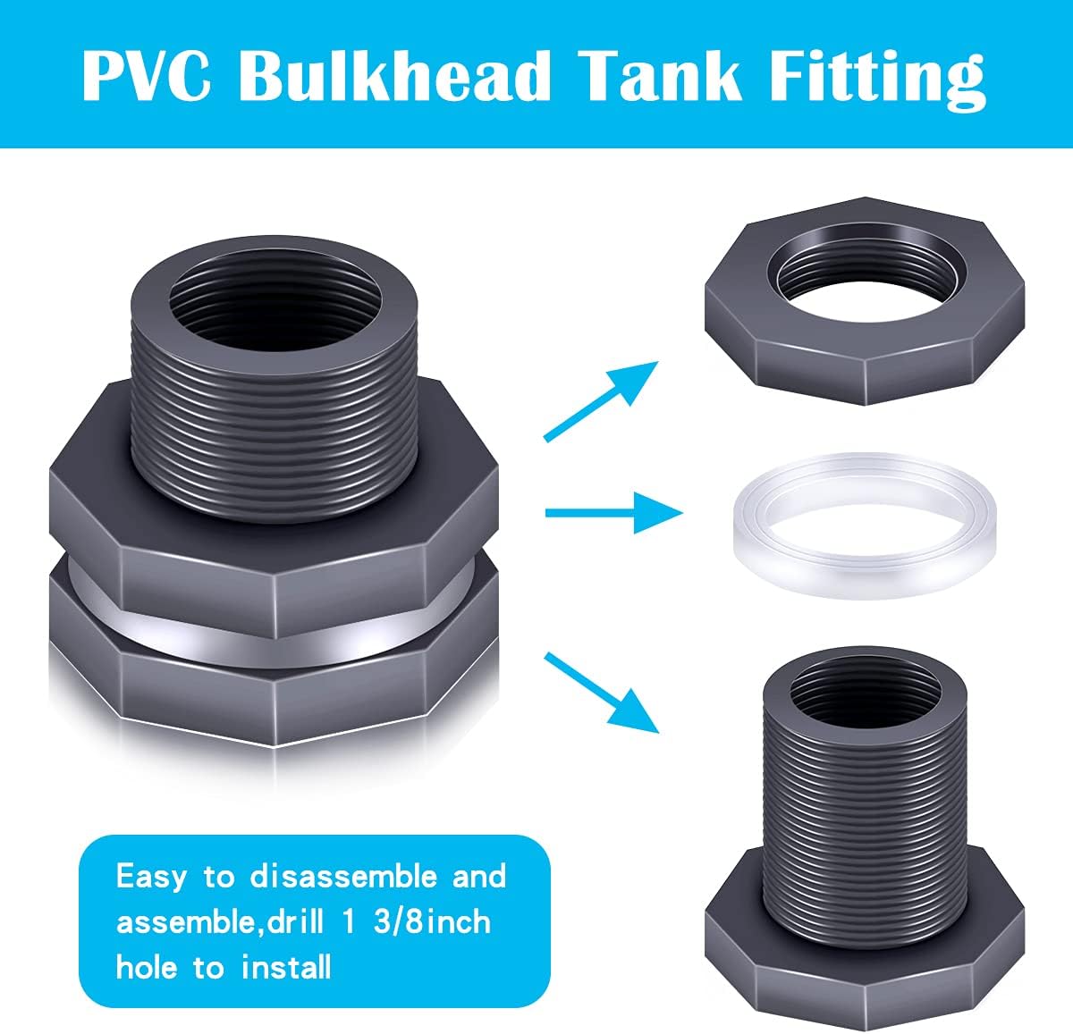 4PCS PVC Bulkhead Fitting 3/4 Inch,Water Tank Connector Adapter,Thru-Bulk Pipe Fitting for Rain Barrels, Aquariums,Water Tanks,Pools(Grey) H-007