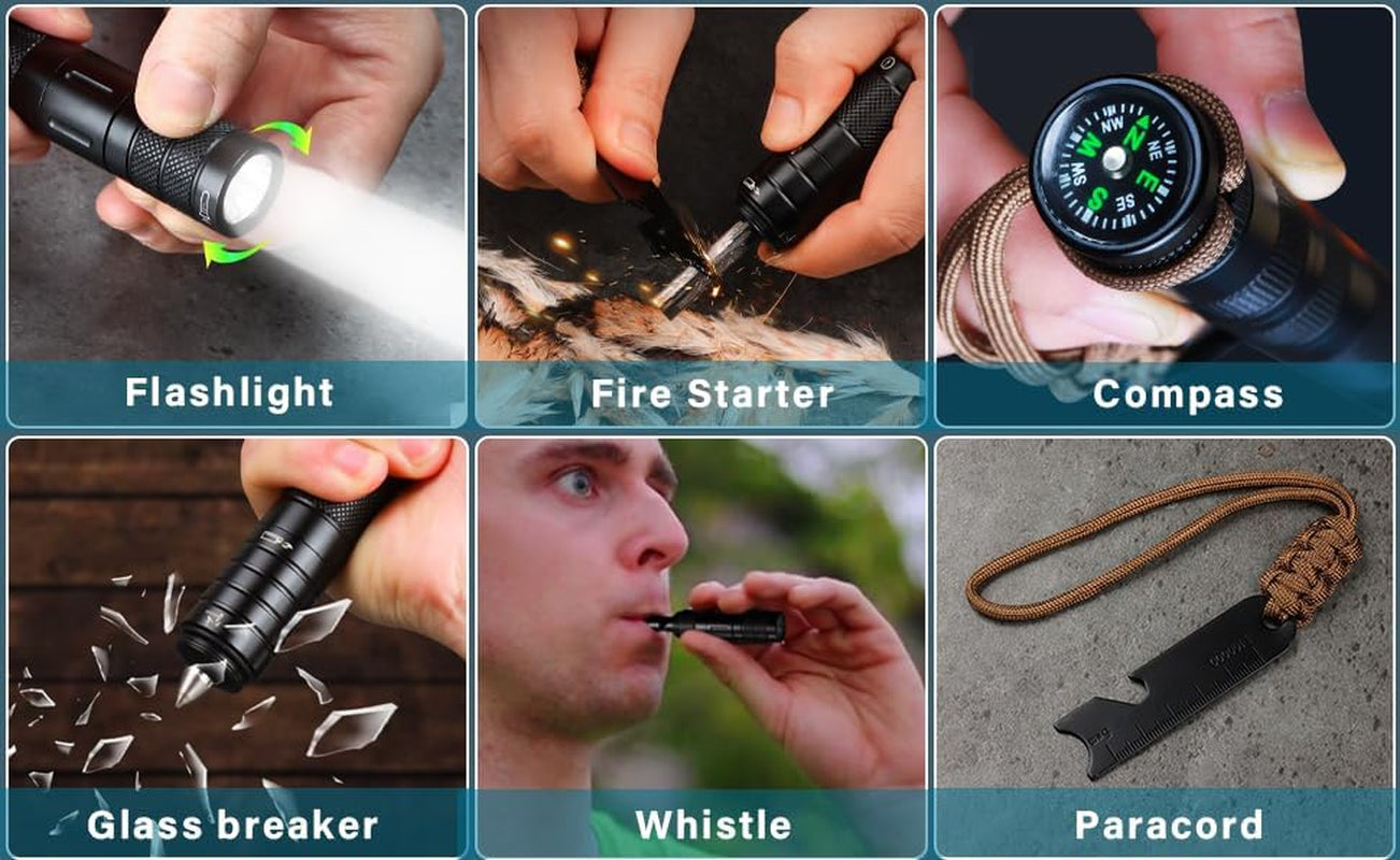 All in 1 Camping Survival Kits with LED Flashlight, Fire Starter, Whistle, Glass Breaker, Compass, Paracord, Tactical Survival Multitool, EDC, Stocking Stuffers and Gifts for Men Women