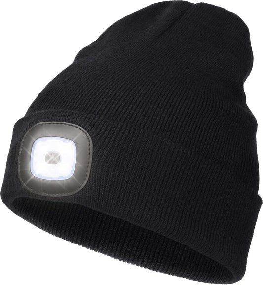 LED Beanie with Light,Unisex USB Rechargeable Hands Free 4 LED Headlamp Cap Winter Knitted Night Lighted Hat Flashlight Women Men Gifts for Dad Him Husband Black
