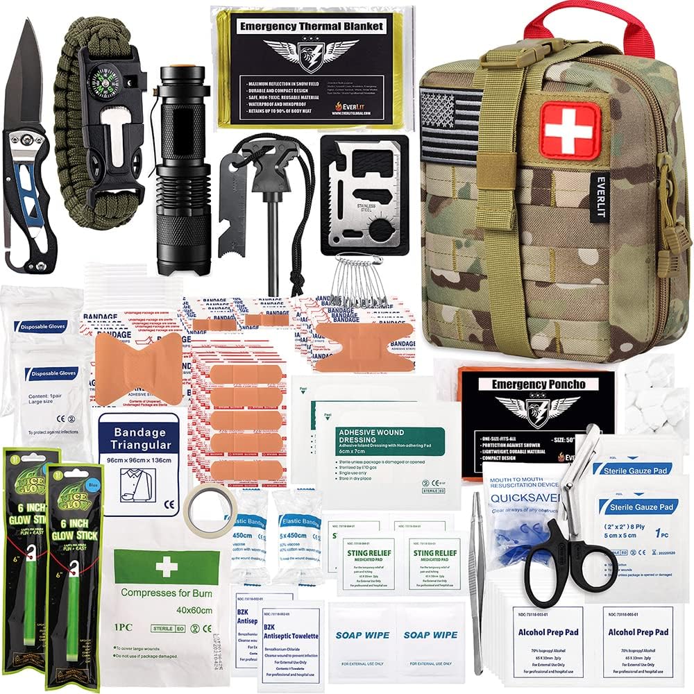 250 Pieces Survival First Aid Kit IFAK EMT Molle Pouch Survival Kit Outdoor Gear Emergency Kits Trauma Bag for Camping Boat Hunting Hiking Home Car Earthquake and Adventures