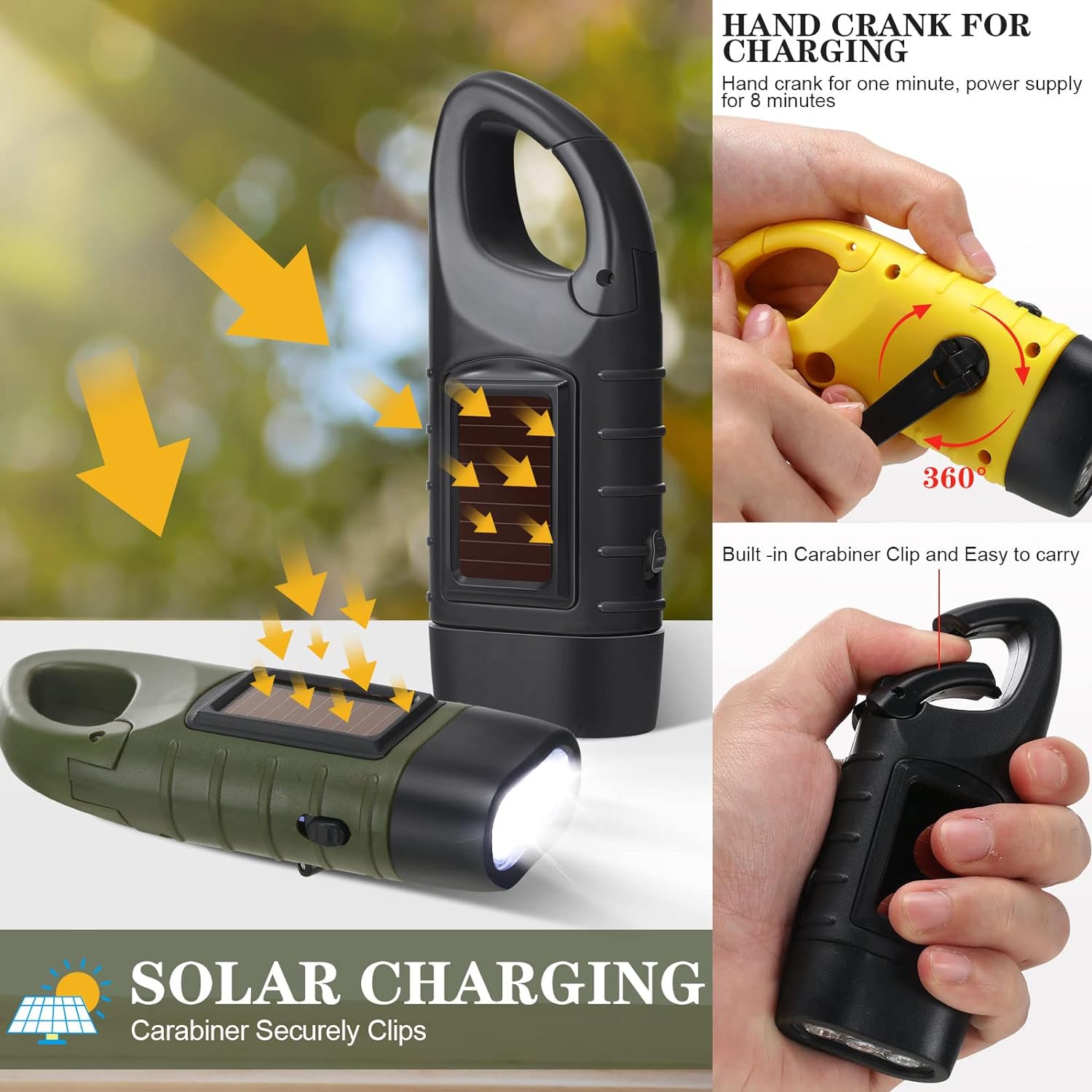9 Pieces Hand Crank Solar Powered Flashlights, Emergency Rechargeable LED Flashlight Survival Flashlight Gear Self Powered Charging Torch for Outdoor Sports Hiking Camping, Green Yellow Black