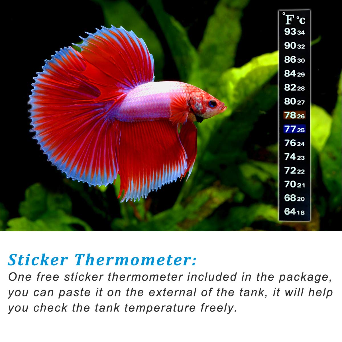 25W Small Aquarium Betta Heater with Free Thermometer Strip, under 6 Gallon Fish Tanks (Preset Temperature 78℉)