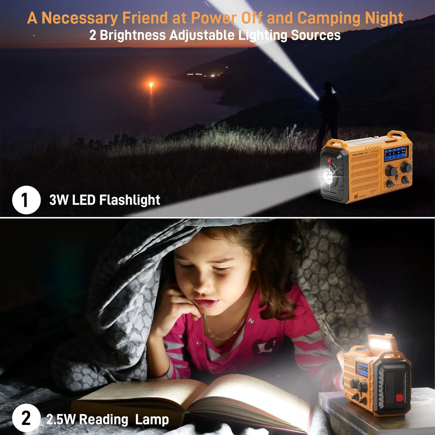 Emergency Radio with NOAA Weather Alert, Portable Solar Hand Crank AM/FM Radio for Survival,Rechargeable Battery Powered Radio,Usb Charger,Flashlight,Reading Lamp,For Home Outdoor