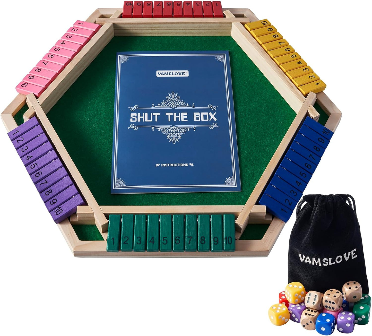 Shut the Box Game for 6 Player with 12+4 Dice - Colorful 6 Sided Wooden Board Math Number Games for Kids Adults Families Party Club (Instructions Included)