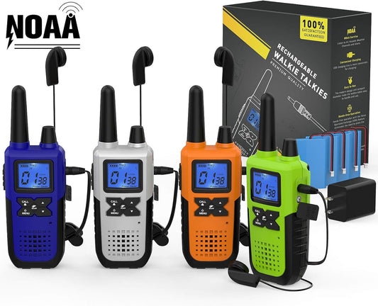 4 Long Range Walkie Talkies Rechargeable for Adults - NOAA 2 Way Radios Walkie Talkies 4 Pack - Long Distance Walkie-Talkies with Earpiece and Mic Set Headset USB Charger Battery Weather Alert