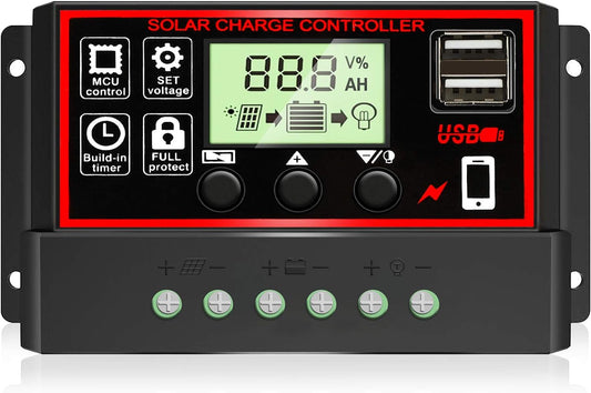 30A Solar Charge Controller, Black Solar Panel Battery Intelligent Regulator with Dual USB Port 12V/24V PWM Auto Paremeter Adjustable LCD Display (30A)