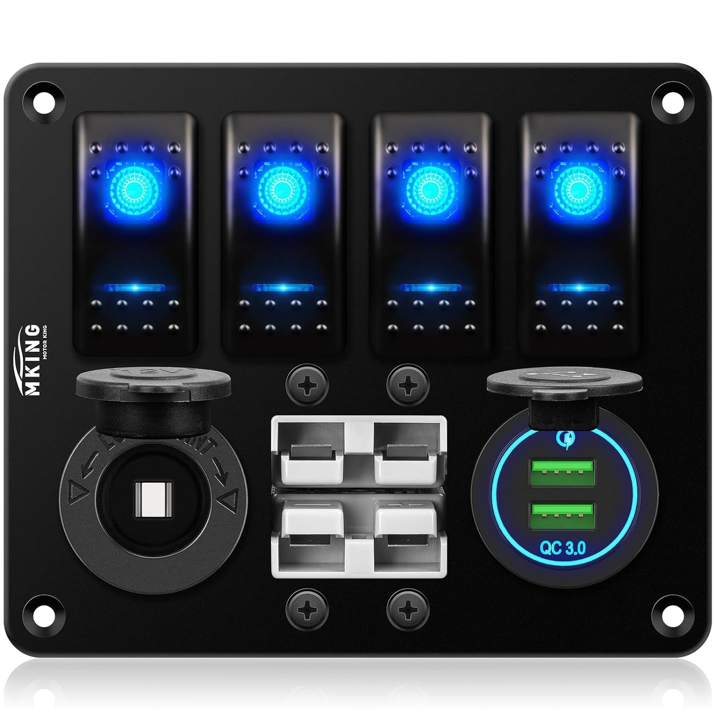 4 Gang Boat Switch Panel，Marine Switch Panel Waterproof 2 X 50A Anderson Adapter Socket, QC3.0 Dual USB Interface for Car Truck Marine, Ships, Rvs, Trucks, Yachts