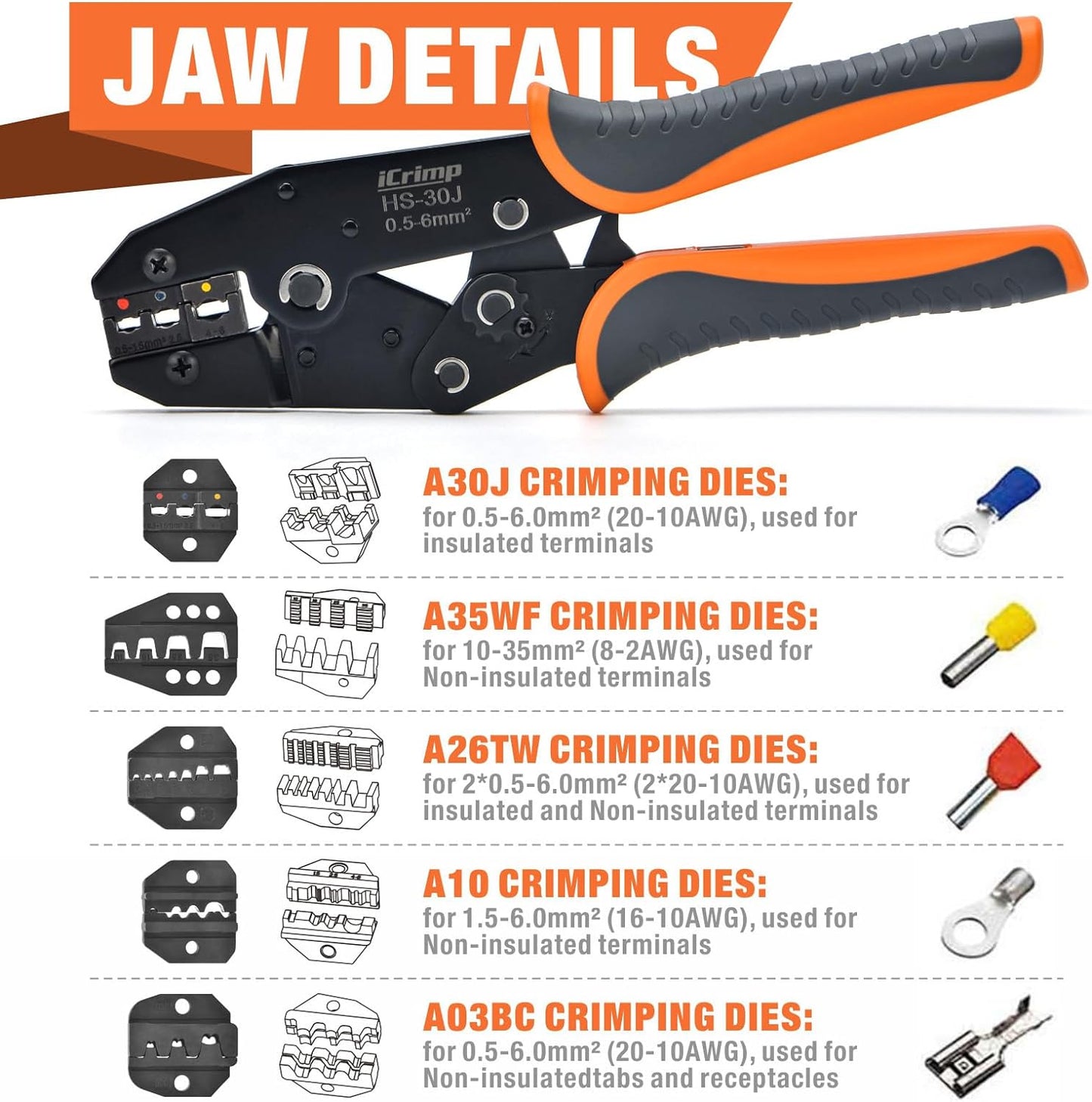 Icrimp Ratchet Wire Crimping Tool Set W/ 5 Interchangeable Jaws for Insulated and Non-Insulated Terminals AWG20-2, Wire Stripper Included