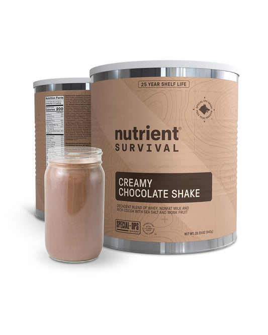 Protein Shake, Creamy Chocolate, Whey Protein Powder, Freeze Dried Prepper Supplies & Emergency Food, 40 Nutrients, Gluten Free, Shelf Stable up to 25 Years, One Can,15 Servings
