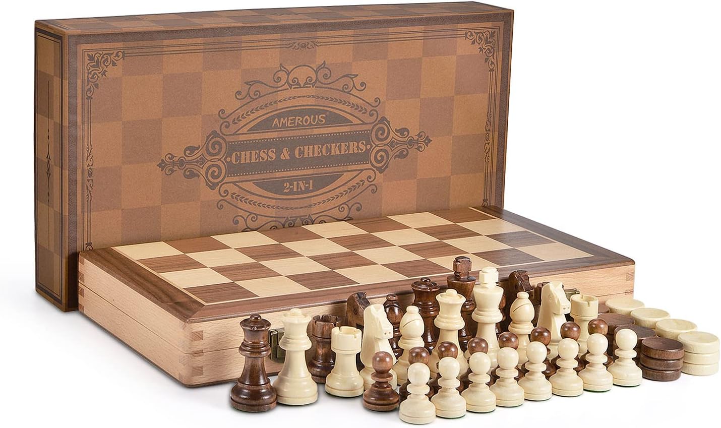 15 Inches Wooden Chess & Checkers Set with Upgraded Weighted Chess Pieces - 2 Extra Queen -24 Cherkers Pieces -Instruction -Chessmen Storage Slots, Classic 2 in 1 Board Games