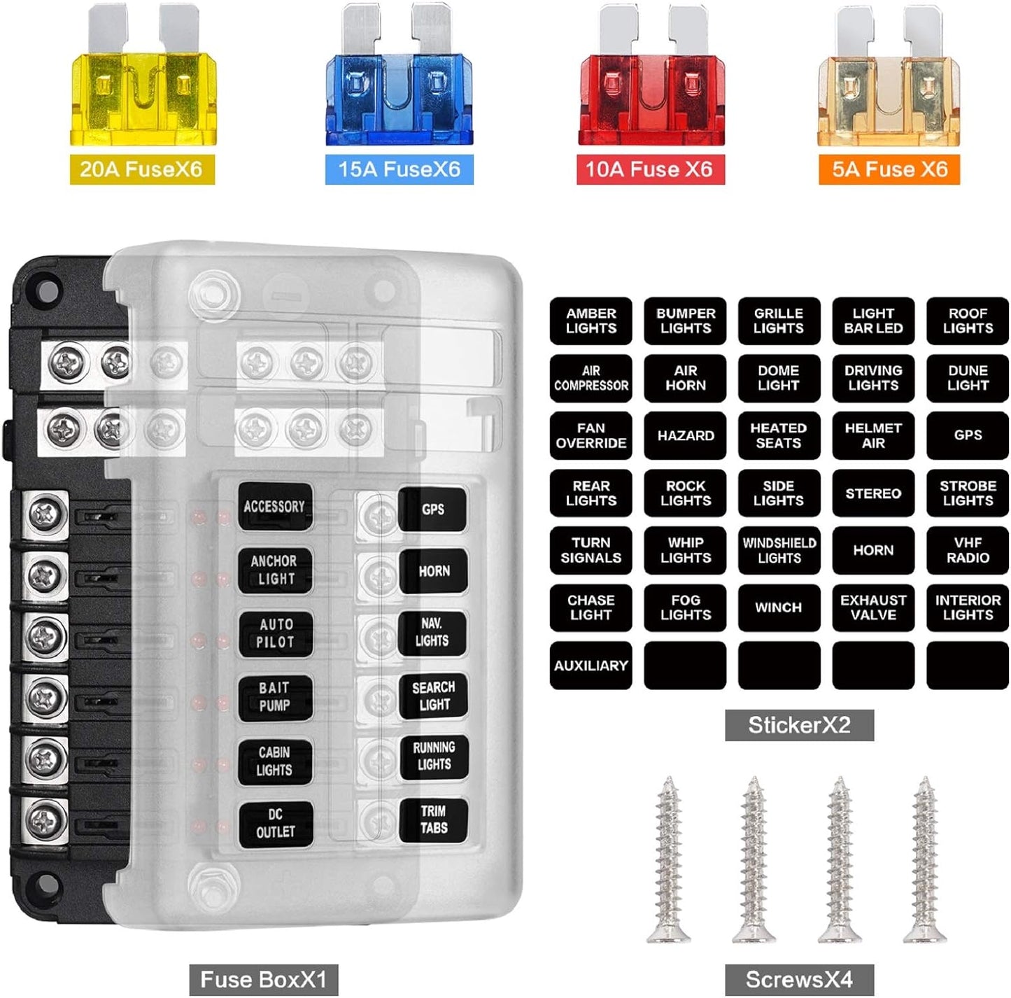 12 Way 12V Blade Fuse Block,12 Circuit ATC/ATO Fuse Box Holder with LED Indicator Waterpoof Cover for 12V/24V Automotive Truck Boat Marine RV Van Vehicle (With 16 Pcs Fuse)