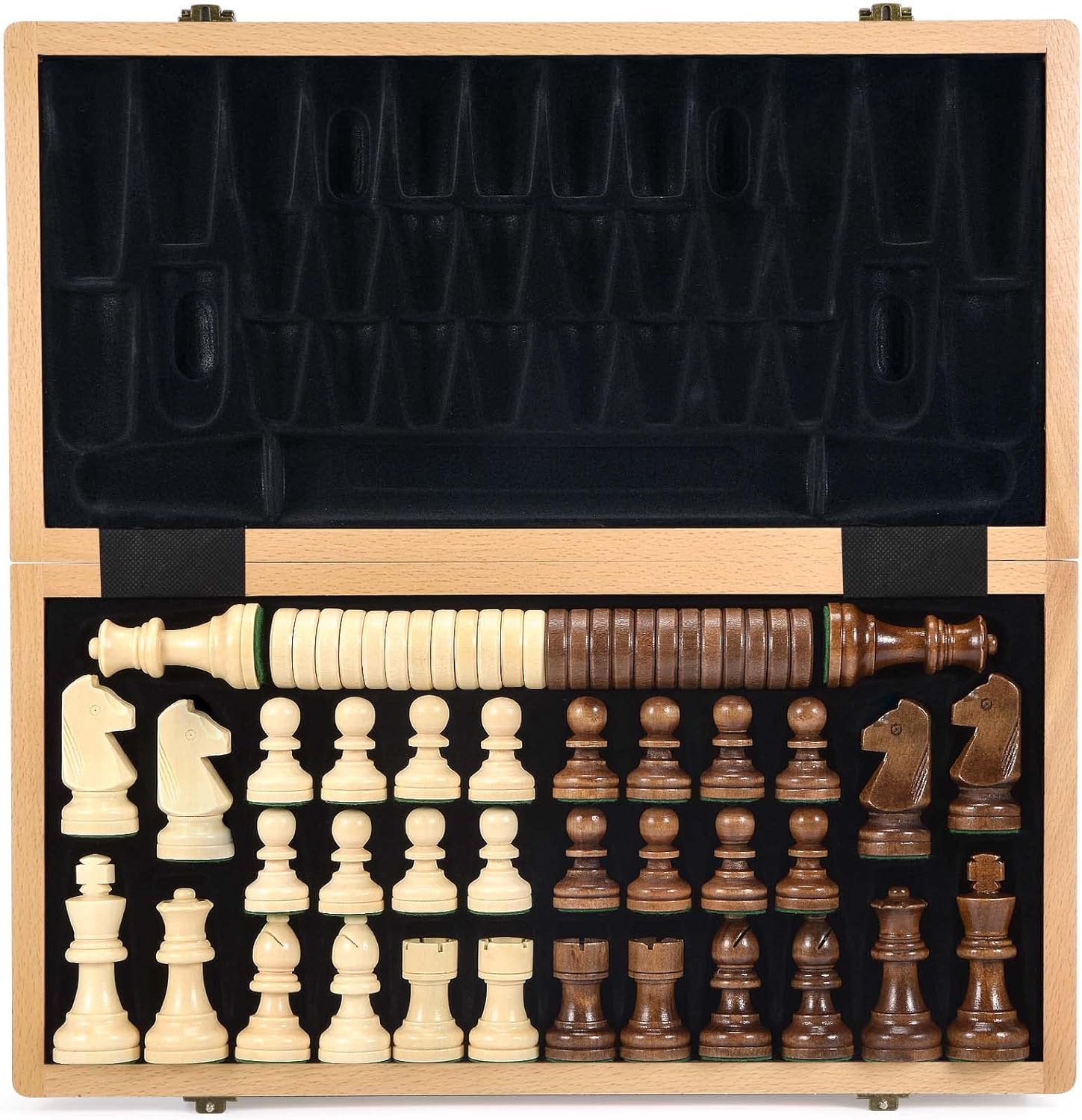 15 Inches Wooden Chess & Checkers Set with Upgraded Weighted Chess Pieces - 2 Extra Queen -24 Cherkers Pieces -Instruction -Chessmen Storage Slots, Classic 2 in 1 Board Games