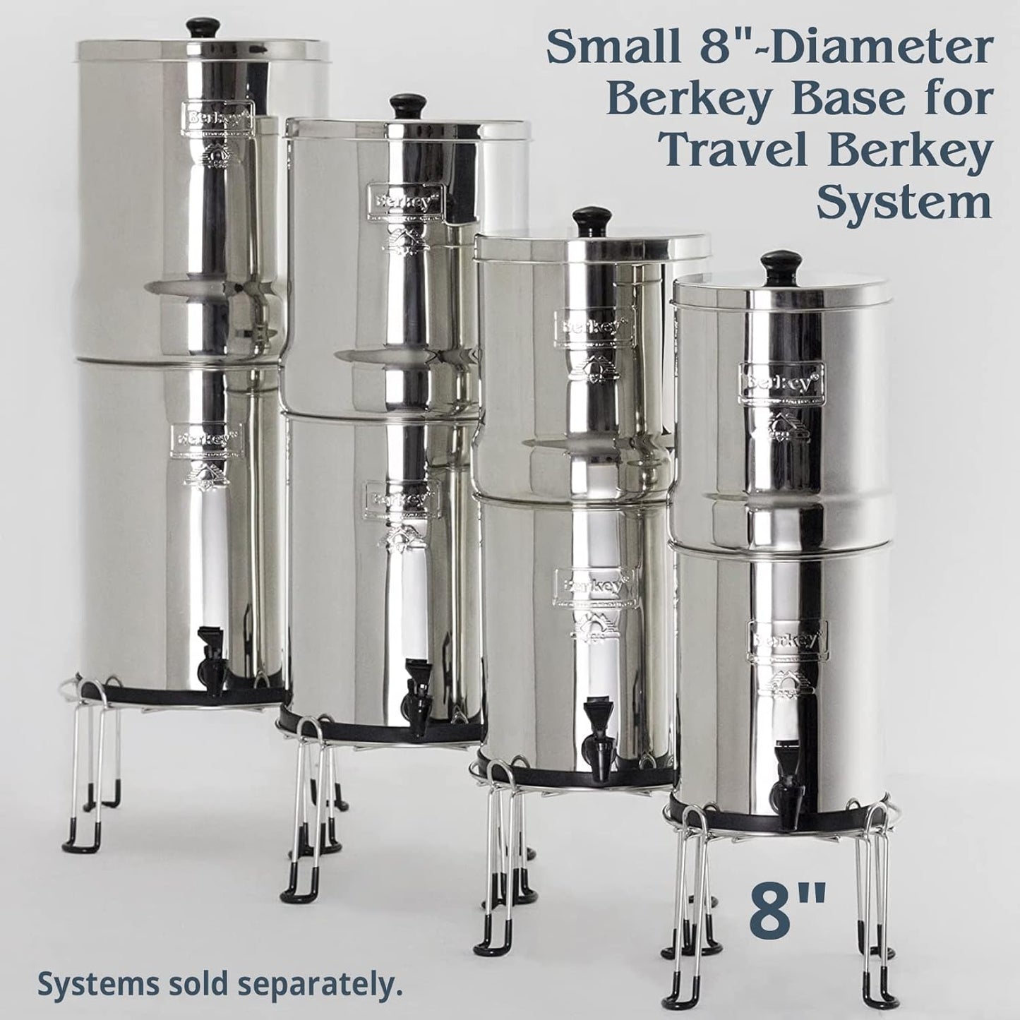 Small  Base Stainless Steel Stand Raises Your Travel  Water Filter System 6" above Countertop for Easier Dispensing of Filtered Water
