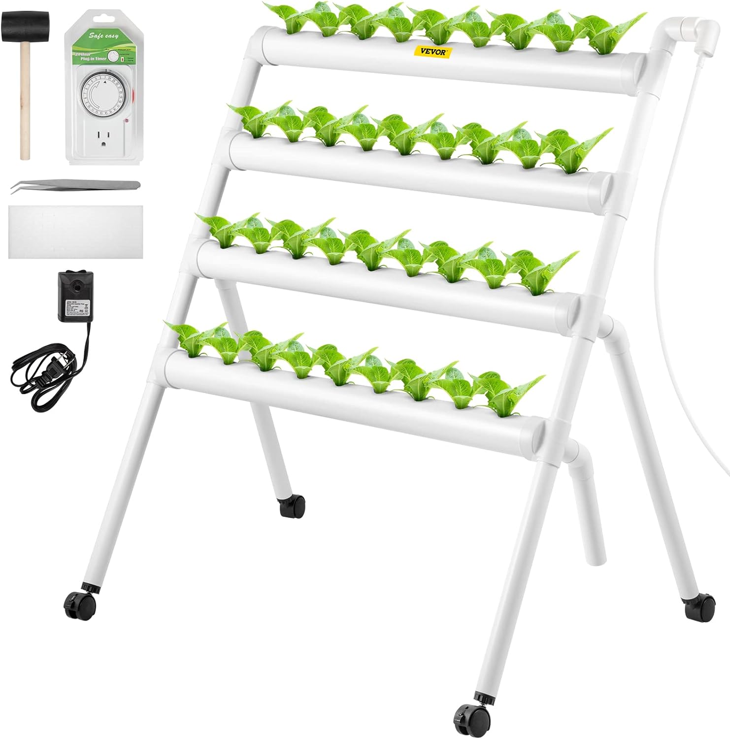 Hydroponics Growing System, 36 Sites 4 Food-Grade PVC-U Pipes, 4 Layers Indoor Planting Kit with Water Pump, Timer, Nest Basket, Sponge for Fruits, Vegetables, Herb, White