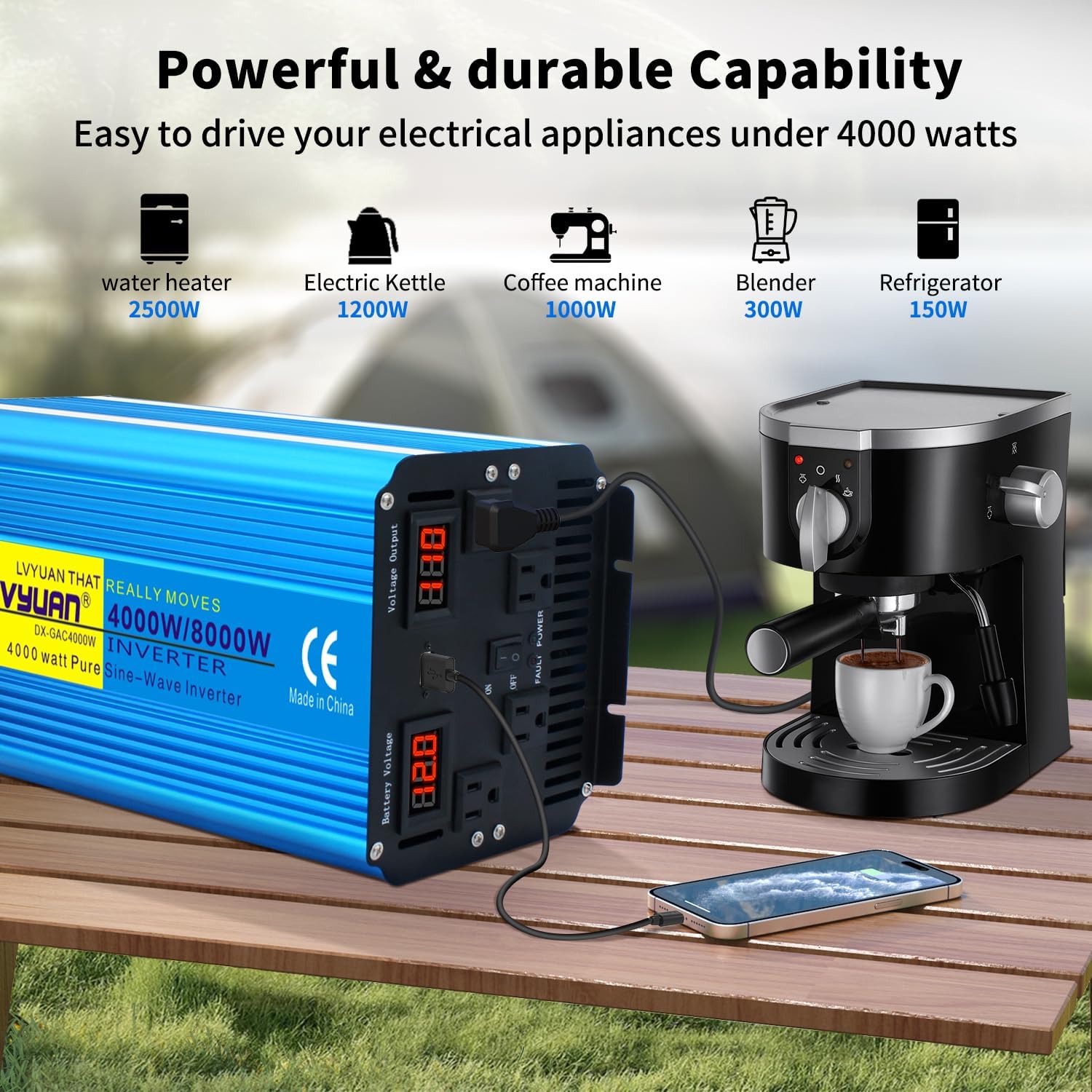 Professional title: "4000W Pure Sine Wave Power Inverter - 12V DC to AC 110V-120V Converter for Family Vehicle, RV, Truck, Solar System - Ideal for Road Trips, Camping, Emergencies - Includes 4 AC Charger Outlets, LED Display, and Remote Controller"
