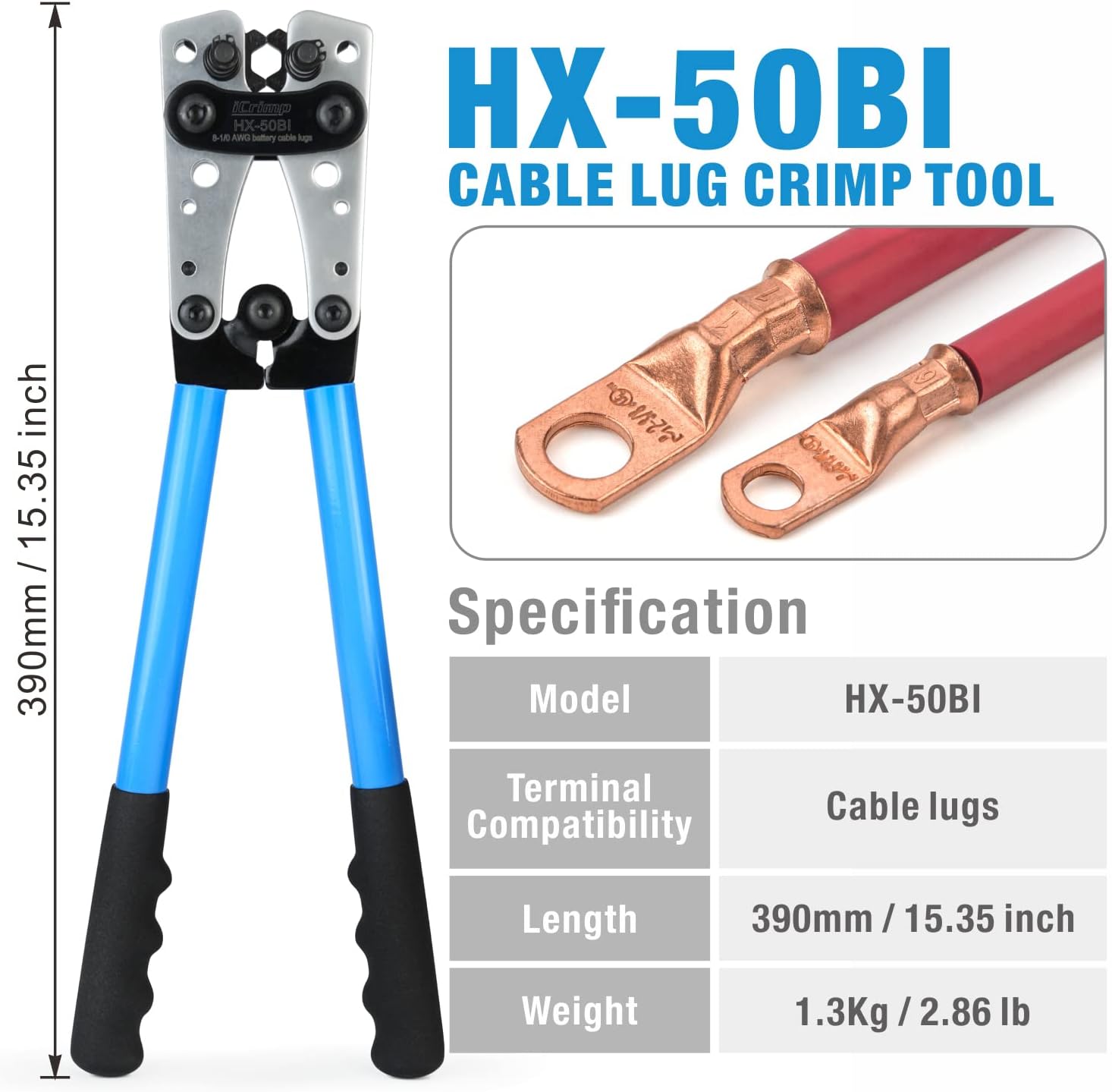 Icrimp Battery Cable Lug Crimping Tool for 8, 6, 4, 2, 1, 1/0 AWG Heavy Duty Wire Copper Lugs, Battery Terminal, with Wire Shear Cutter