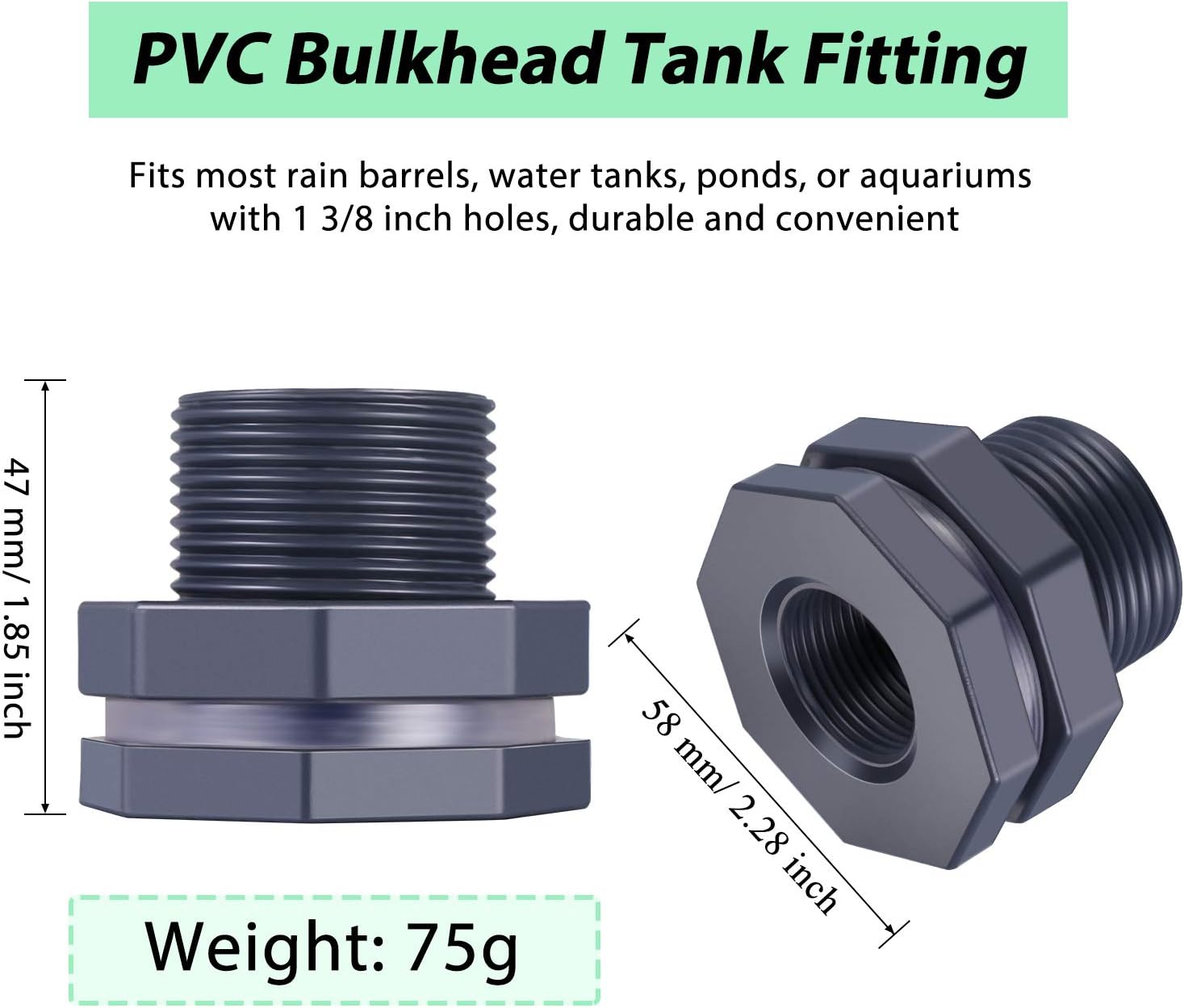2 Pieces PVC Bulkhead Fitting for Rain Barrels, Aquariums, Water Tanks (3/4 Inch)