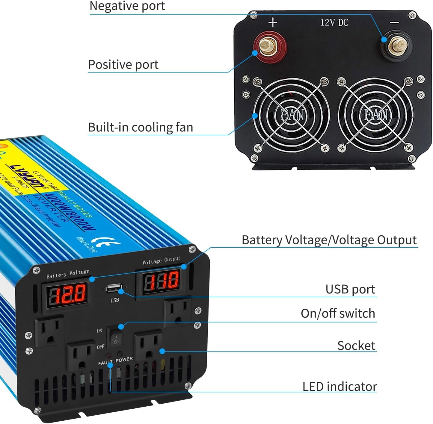 Professional title: "4000W Pure Sine Wave Power Inverter - 12V DC to AC 110V-120V Converter for Family Vehicle, RV, Truck, Solar System - Ideal for Road Trips, Camping, Emergencies - Includes 4 AC Charger Outlets, LED Display, and Remote Controller"