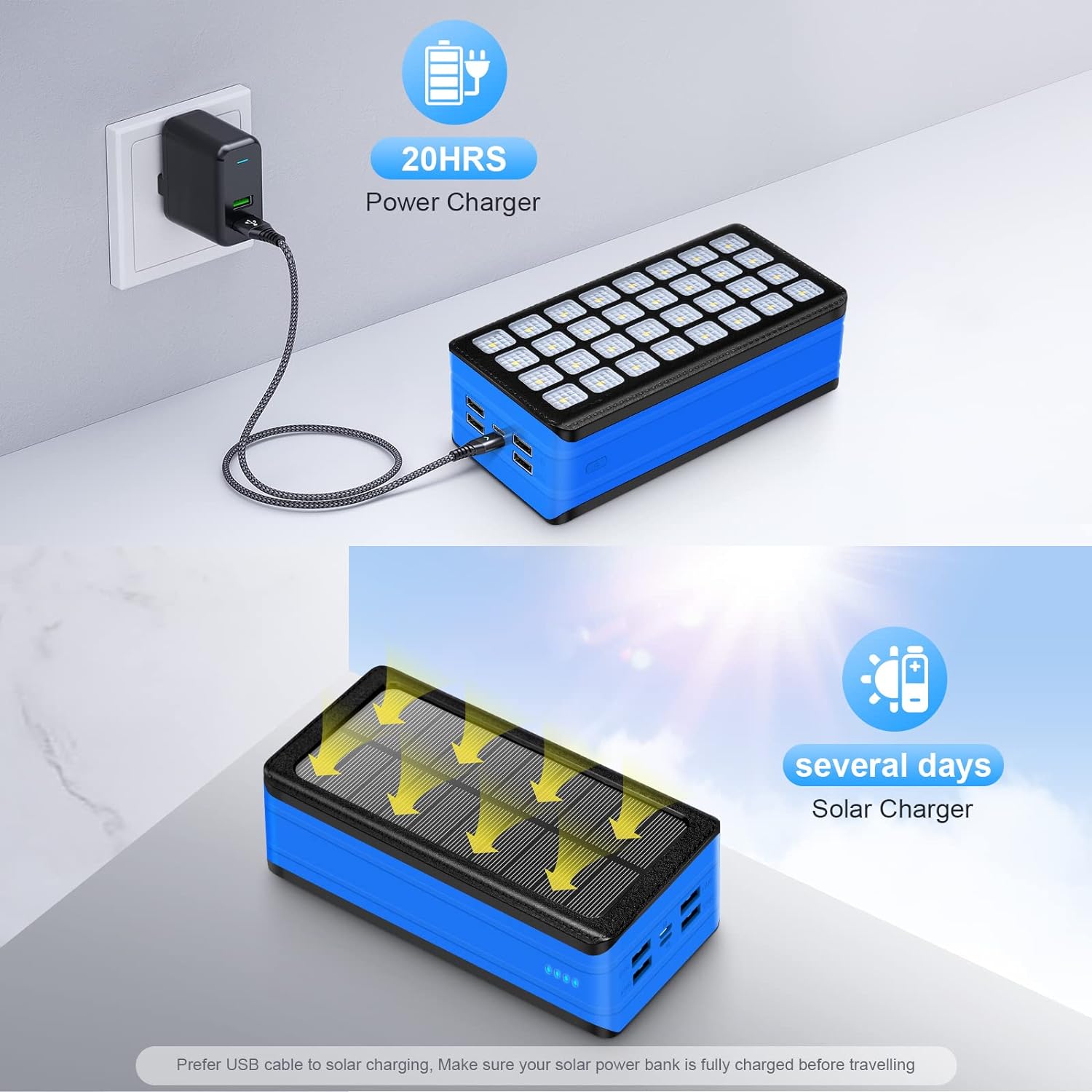 Solar Charger Power Bank 60000Mah, Portable Solar Battery Charger with 32 LED Lights, External Battery Pack Compatible with Iphone, Cell Phone,Tablet for Camping, Emergency, 4 Output & 2 Input Ports