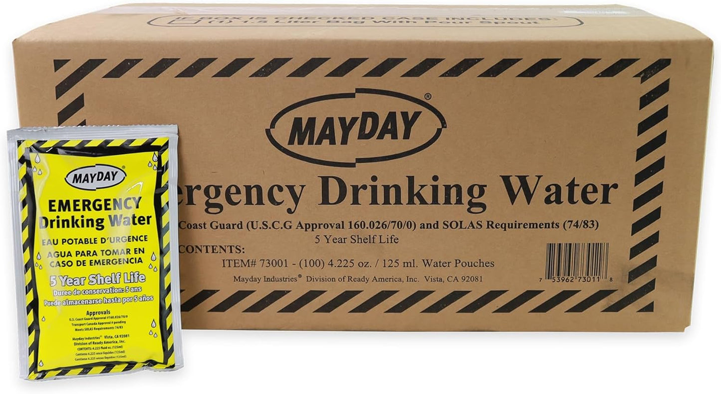 Mayday Pouch Water, Coast Guard Emergency Water, 5-Year Shelf Life, Disaster Preparedness Supplies For, Earthquake, Fire, Flood, Leak-Proof Pouches, 4.225 Oz/125Ml 50 Pack
