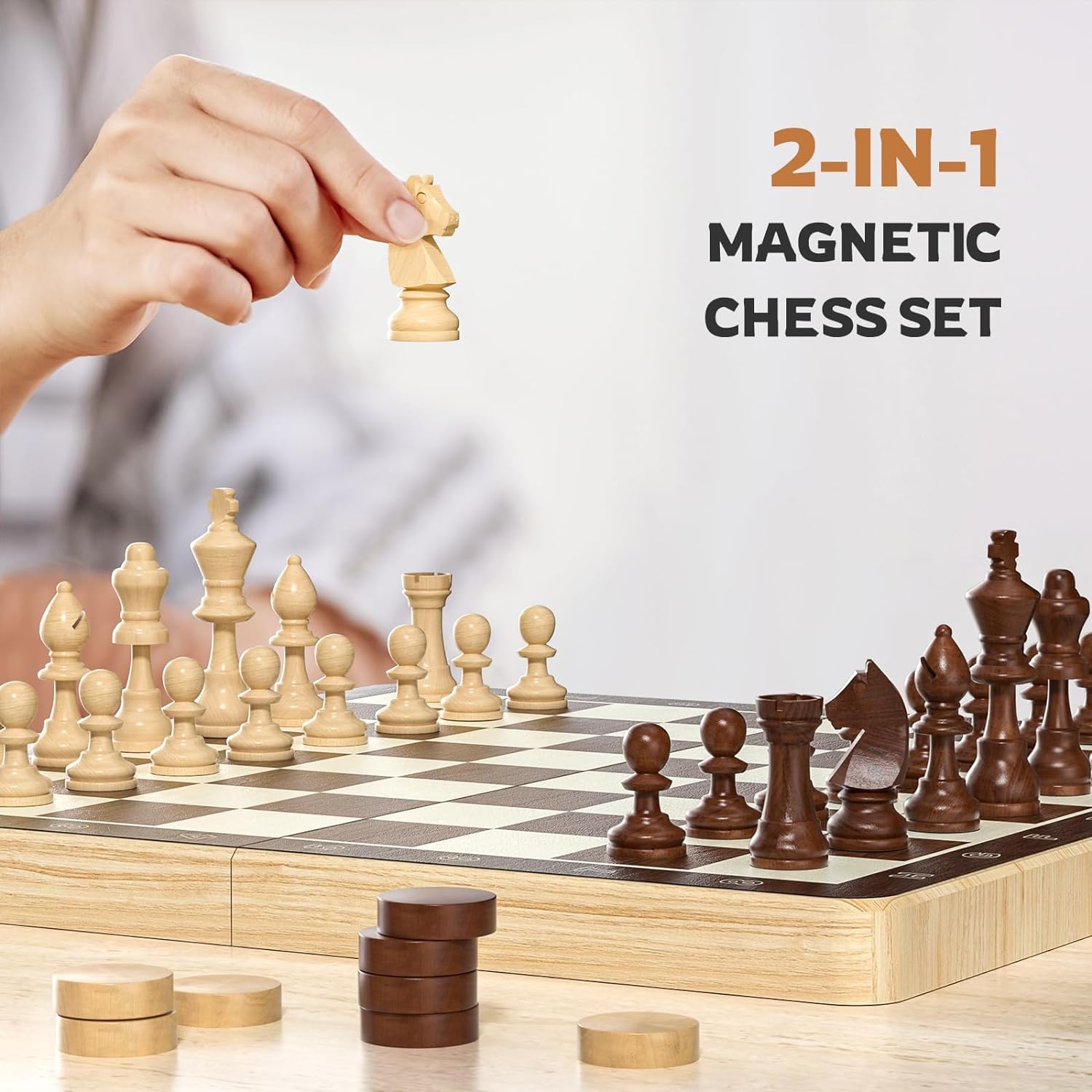 Magnetic Chess Set with Checkers -  16" Wooden Chess Board Game Travel Chess for Adults & Kids, Gift for Men Women, Chess Gift Toys for Boys Girls 4-8-12