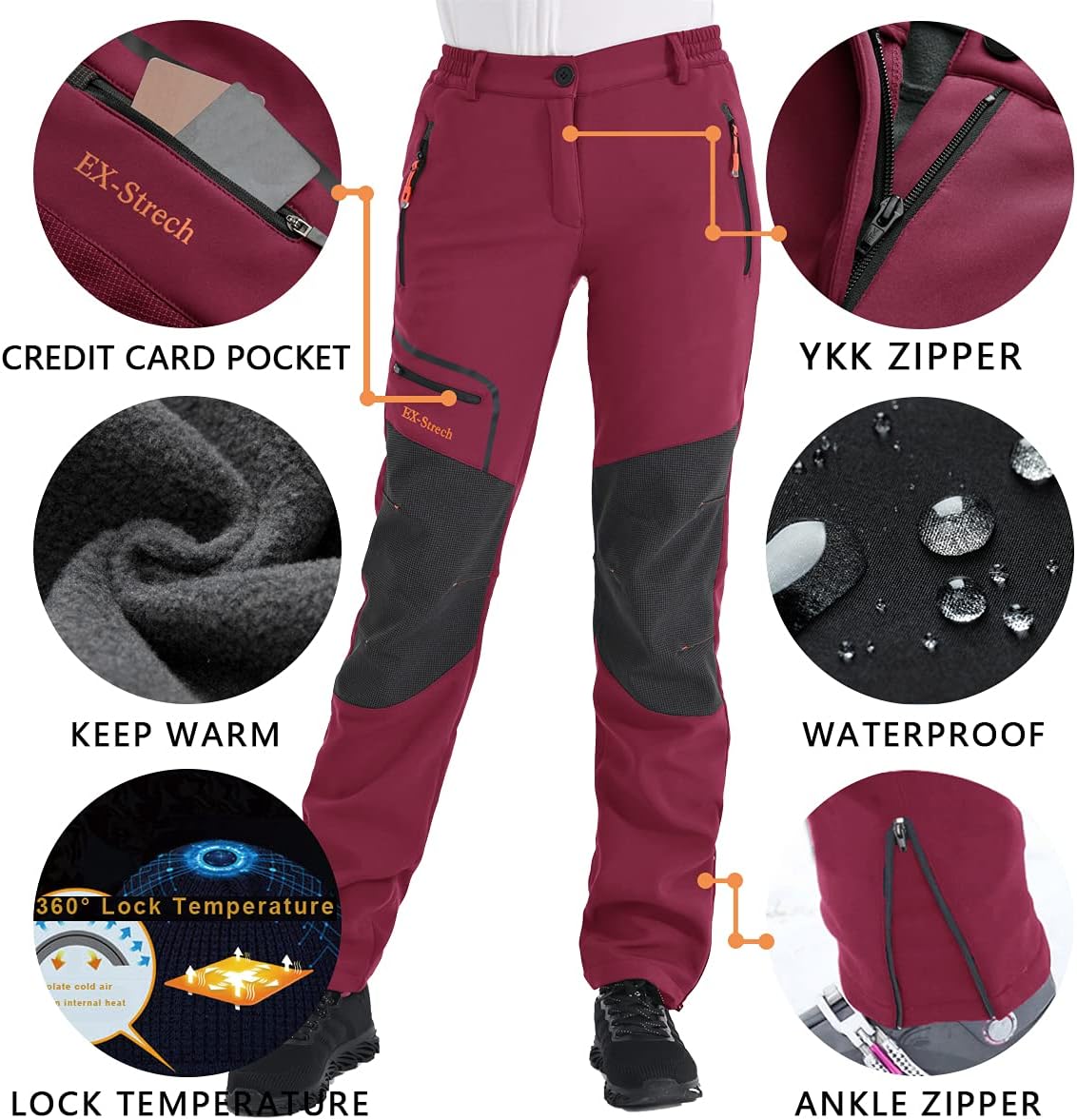 Womens Outdoor Snow Ski Pants Waterproof Hiking Insulated Softshell Pants Snowboard Zipper Bottom Leg