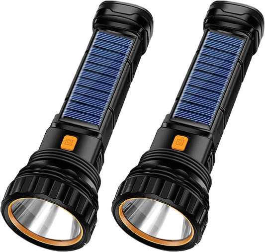 Set of 2 Solar/Rechargeable LED Flashlights with Emergency Strobe Light, High Lumens Output, and Fast Charging Capabilities