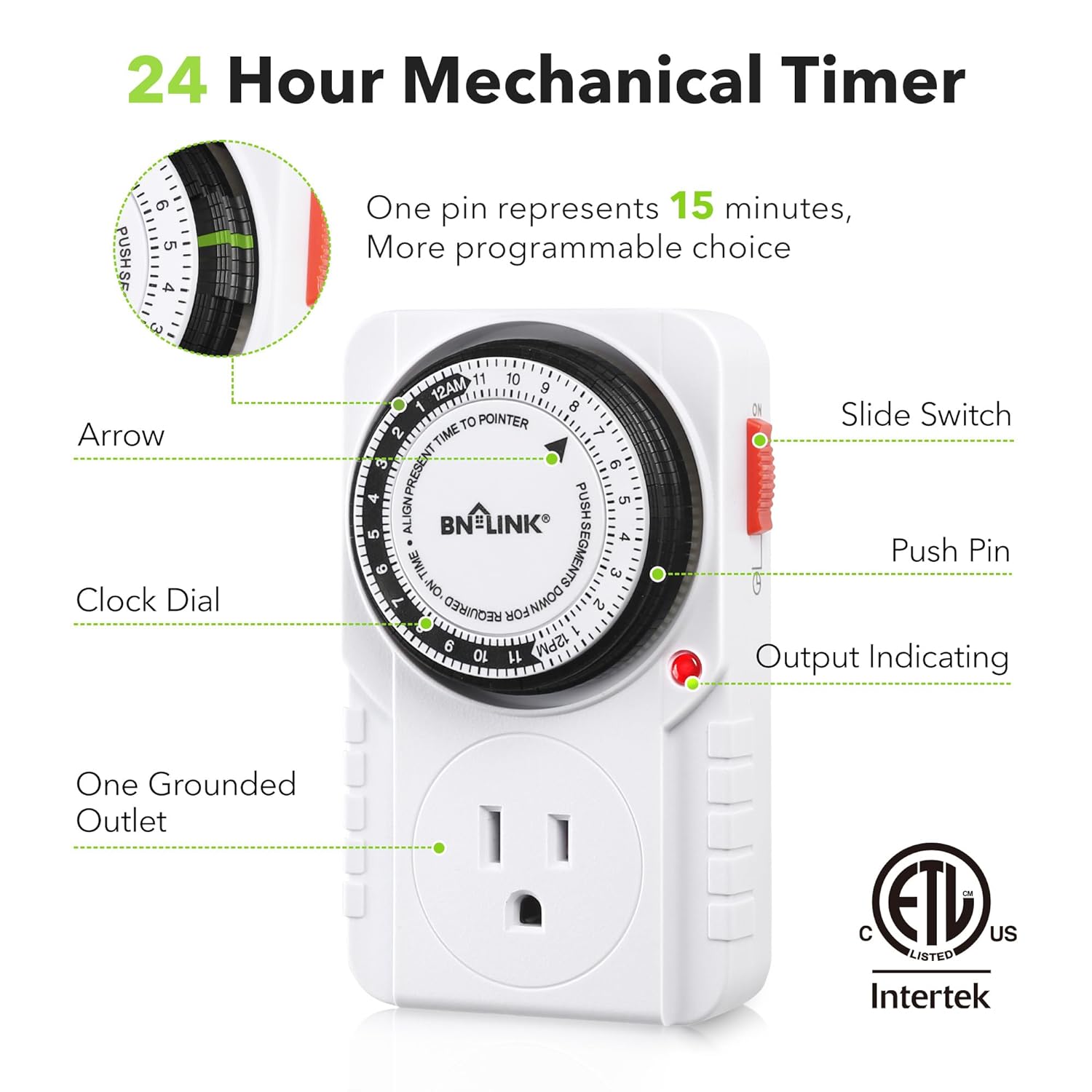 24 Hour Plug-In Mechanical Timer Grounded for Aquarium, Grow Light, Hydroponics, Indoor Lighting, Home Appliances, ETL Listed 125VAC, 60 Hz, 1875W, 15A, 1/2HP (1 Pack)
