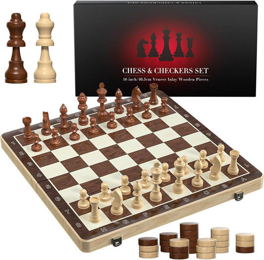 Magnetic Chess Set with Checkers -  16" Wooden Chess Board Game Travel Chess for Adults & Kids, Gift for Men Women, Chess Gift Toys for Boys Girls 4-8-12