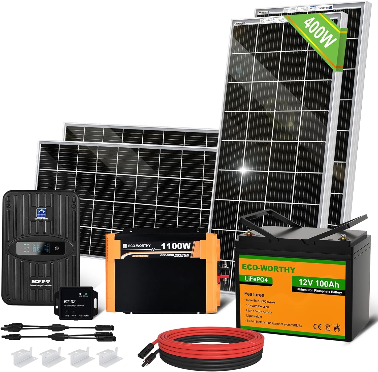 1.6KWH Complete Solar Panel Kit 400W 12V for RV off Grid: 4Pcs 100W Bifacial Solar Panels + 40A MPPT Controller +12V 100Ah Lithium Battery + 1100W Solar Power Inverter + Bluetooth Module