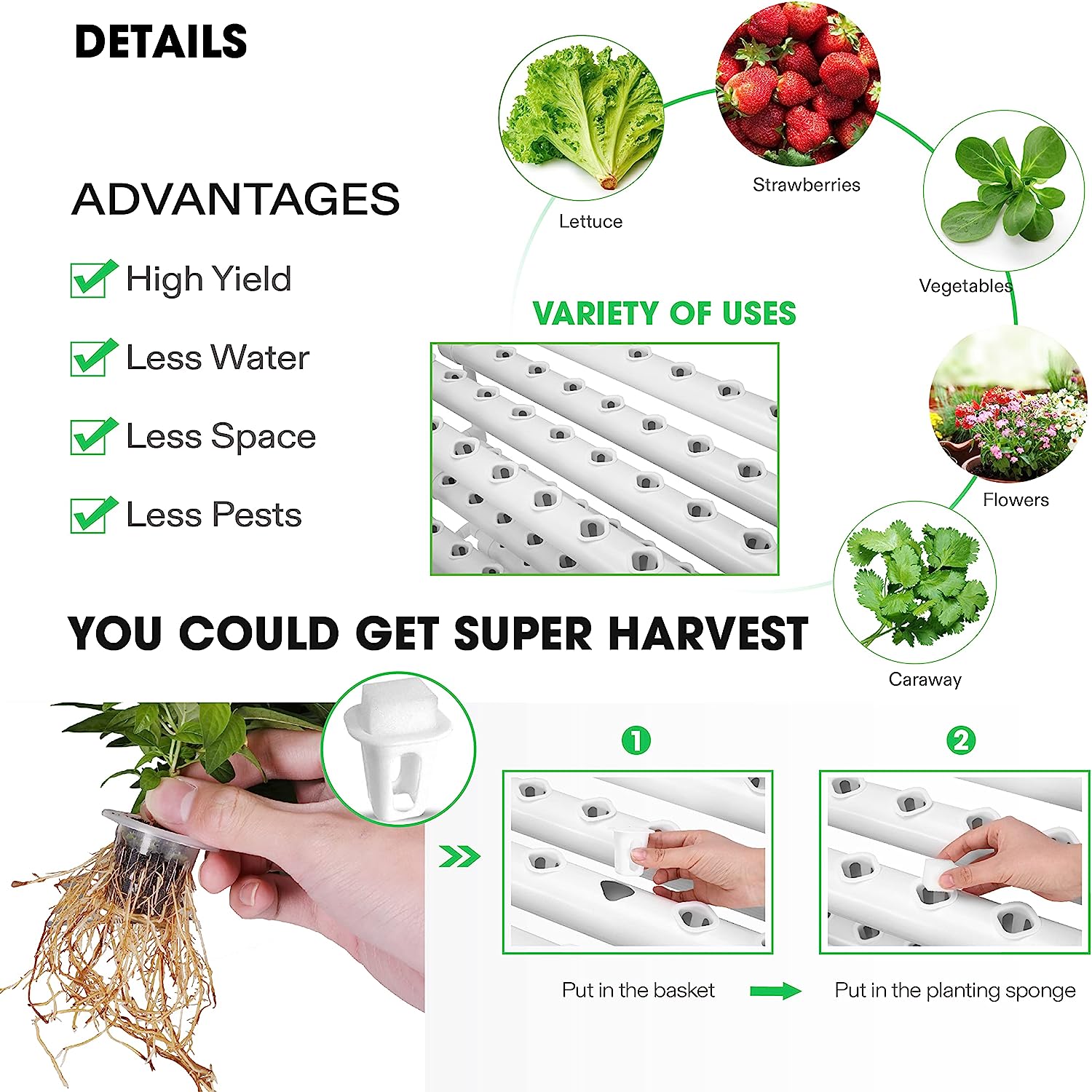 Hydroponics Growing System 108 Plant Sites, 3 Layers 12 Food-Grade PVC-U Pipes Gardening System Grow Kit with Water Pump Timer, Nest Basket and Sponge for Leafy Vegetables