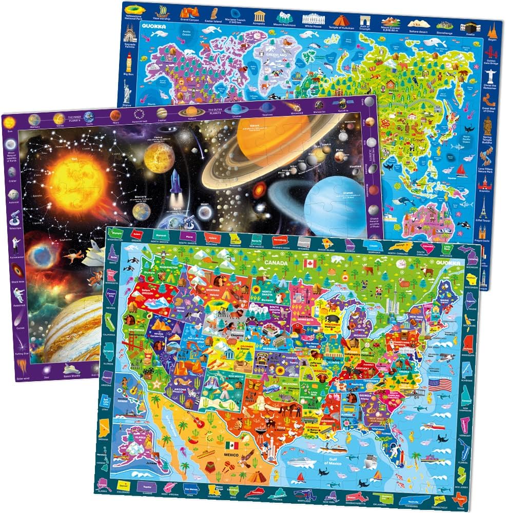 100 Piece Puzzles for Kids Ages 4-6 – 3 Pack Floor Puzzles for Kids 8-10 Year Old by  – Learning Games World Map & Space 5-7 – United States Educational Puzzles for Toddlers 3-5