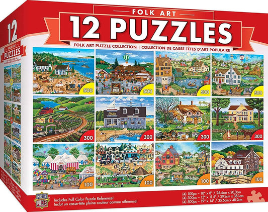 12 Pack Jigsaw Puzzles for Adults, Family, or Kids - Folk Art 12-Pack Bundle