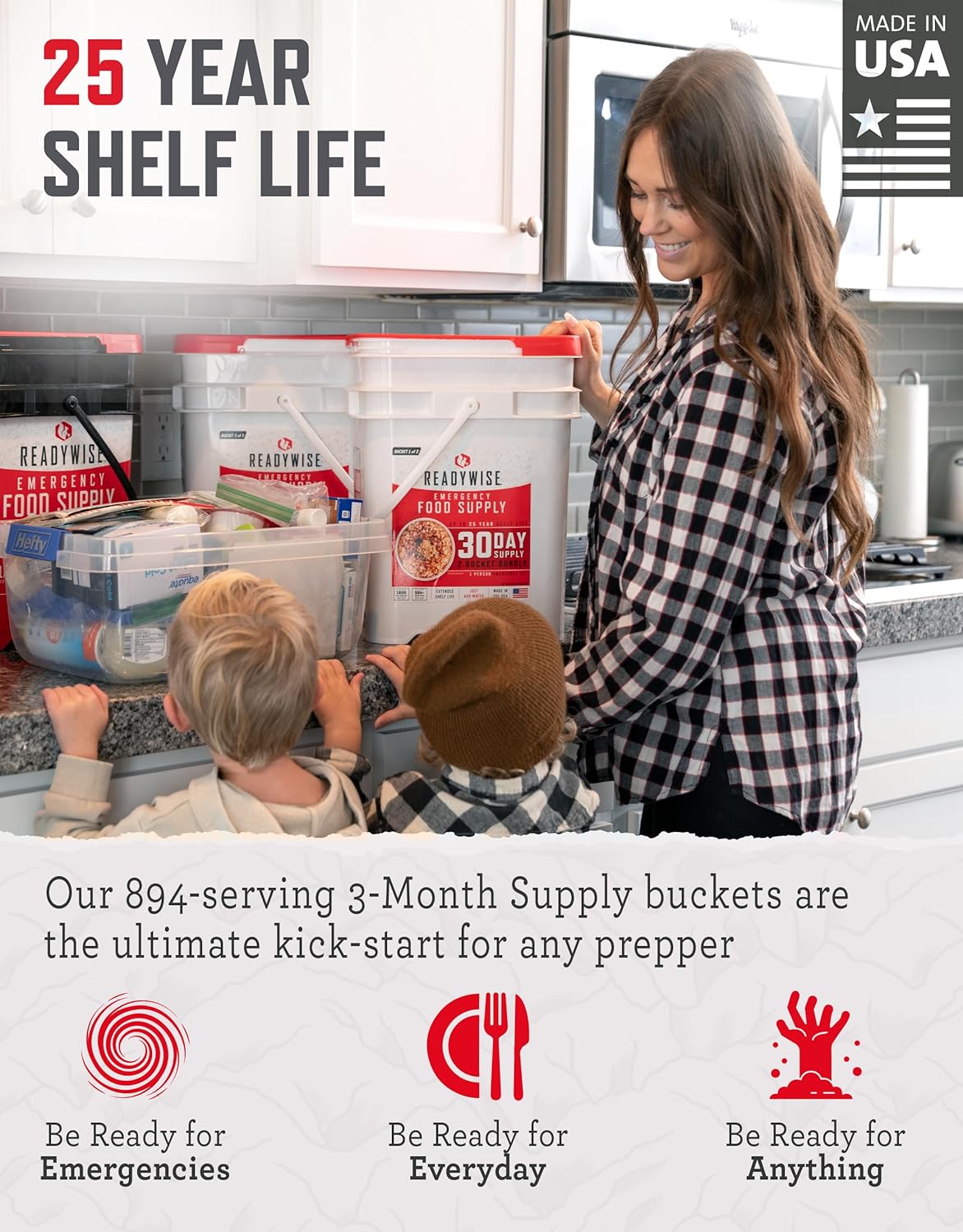 3 Month, Emergency Food Supply, 894 Servings, 6 Buckets, Freeze-Dried, MRE, Camping, Hiking, Survival, Adventure Meal, 25-Year Shelf Life