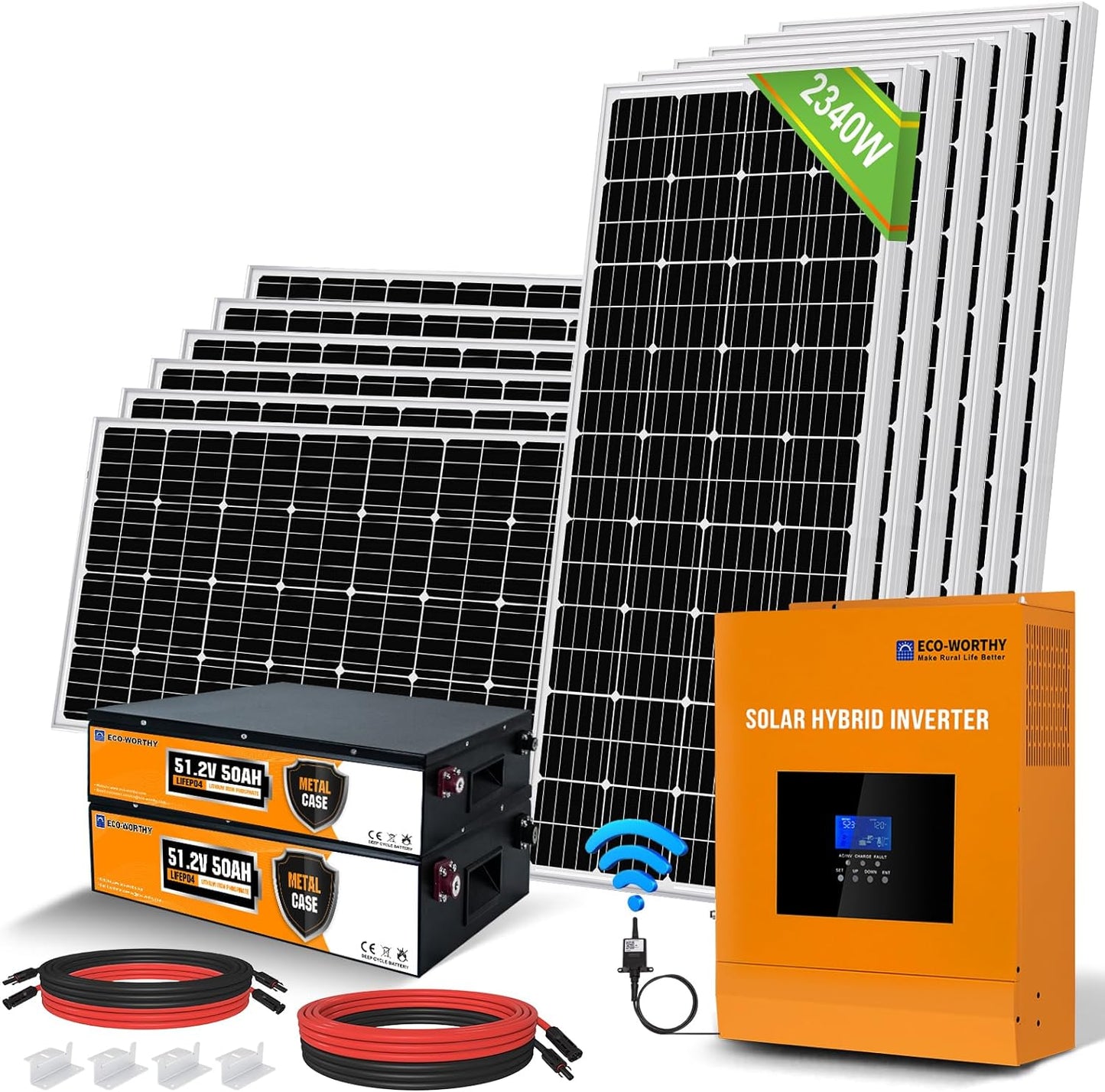 9.4KWH 2340W 48V off Grid Complete Solar Panel Kit for Home/Shed: 12Pcs 195W Solar Panel + 2Pcs 48V 50AH Lithium Battery(5.12Kwh) + 5000W 48V All-In-One MPPT Charger Inverter,Plug and Play