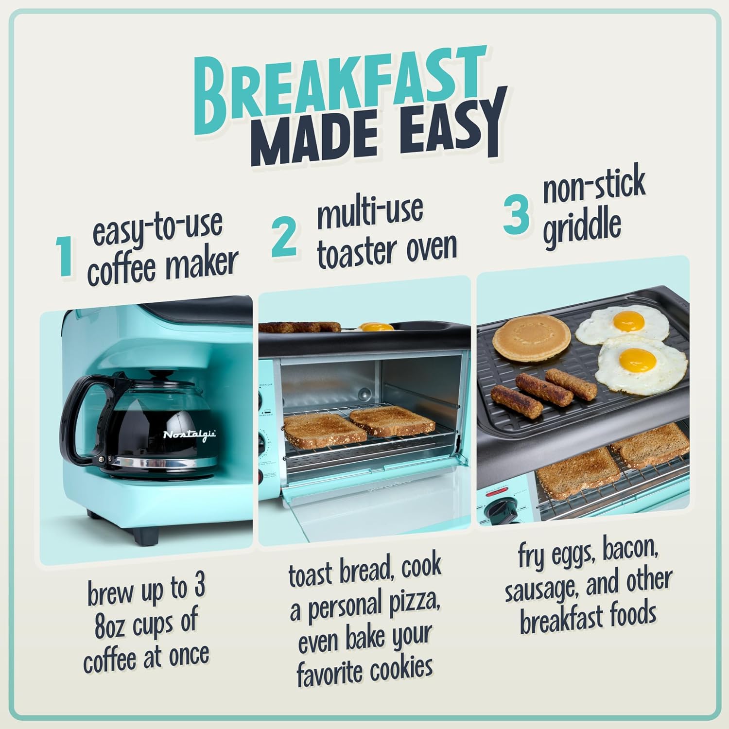 3-In-1 Breakfast Station - Includes Coffee Maker, Non-Stick Griddle, and 4-Slice Toaster Oven - Versatile Breakfast Maker with Timer - Aqua