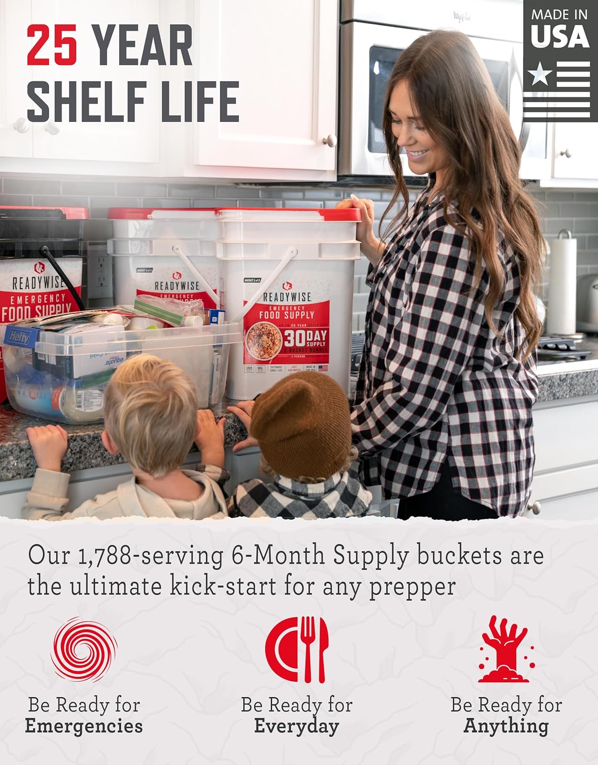 6 Month, Emergency Food Supply, 1788 Servings, 12 Buckets, Freeze-Dried, MRE, Camping, Hiking, Survival, Adventure Meal, 25-Year Shelf Life