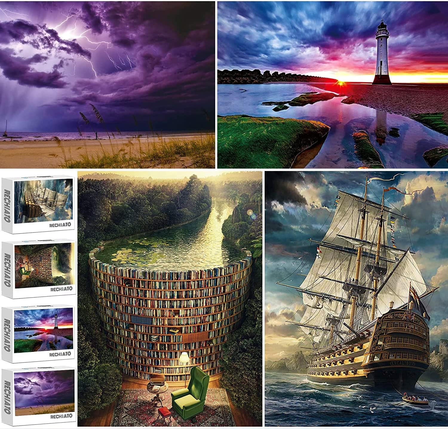 4 Pack 1000 Pieces Purple Lightning & Sunset Lighthouse & Bookself Canal & Sailing Boat Puzzle, Jigsaw Puzzles for Adults 1000 Pieces and Up, Book & Library Puzzle Gifts for Women & Mom