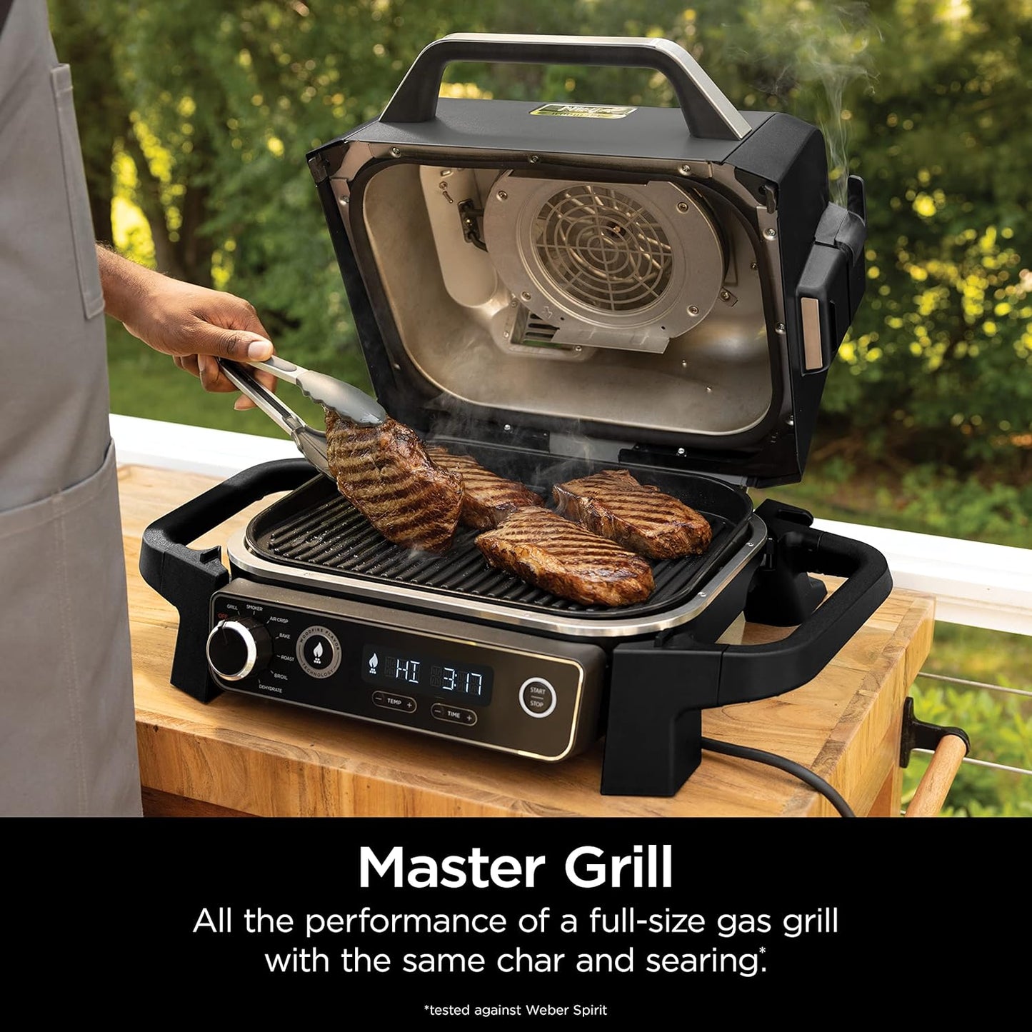 Woodfire Pro 7-In-1 Grill & Smoker with Thermometer, Air Fryer, BBQ, Bake, Roast, Broil - Portable Electric Outdoor Grill, Grey