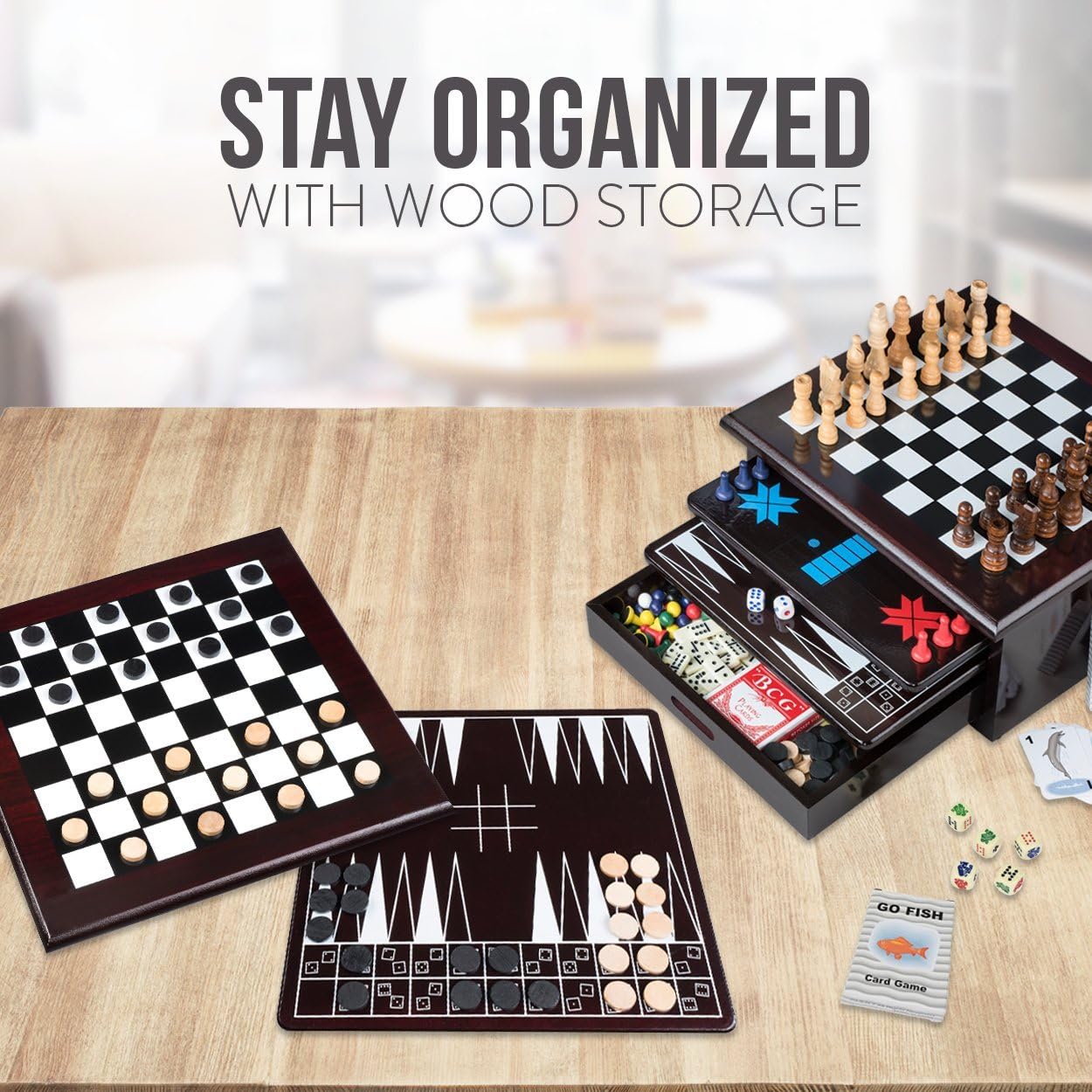 Board Game Set - Deluxe 15 in 1 Tabletop Wood-Accented Game Center with Storage Drawer (Checkers, Chess, Chinese Checkers, Parcheesi, Tictactoe, Solitaire, Snakes and Ladders, Mancala, Backgammon, Poker Dice, Playing Cards, Go Fish, Old Maid, and Dominos)